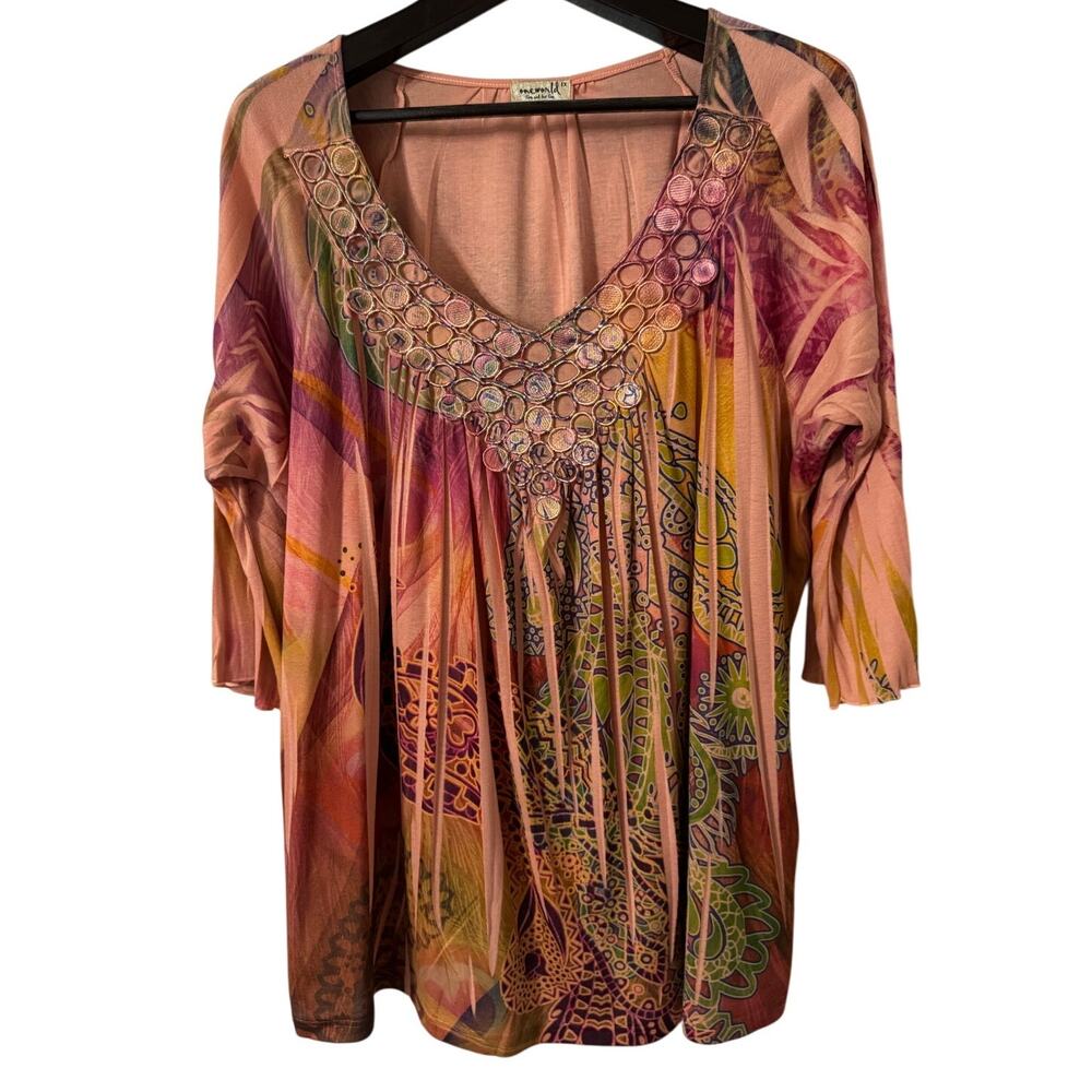 One World Short Sleeve V-Neck Flowy Blouse Size 1X